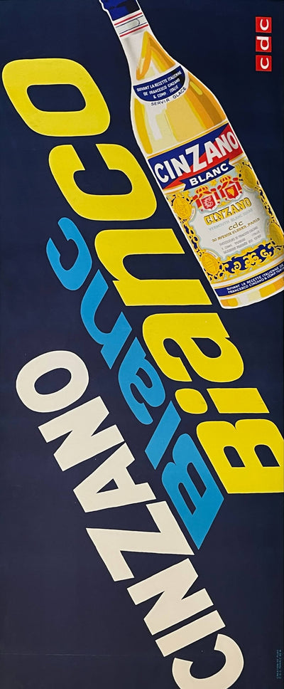 Cinzano Bianco bottle with brand name text on a dark blue background