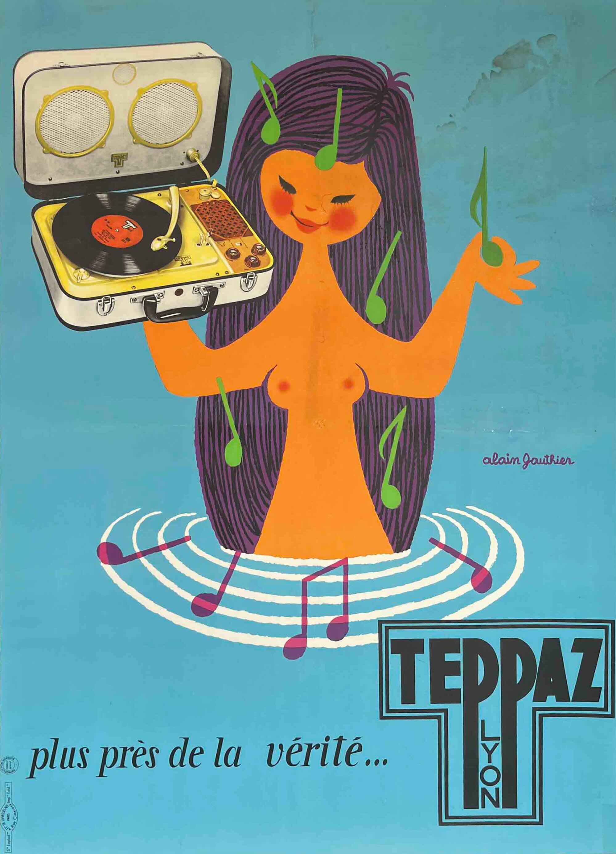 Alain Gauthier Teppaz Blue Record Girl - Original Poster - Vintage 